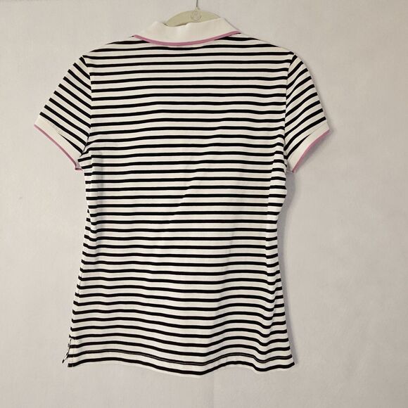 CLOVER By Bobby Jones Sz S Black & White Stripe Polo Womens Gold Button - Picture 2 of 8